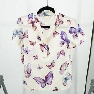 VTG 70s Alex Coleman Butterfly Motif Short Sleeve Button Blouse MCream/Purple